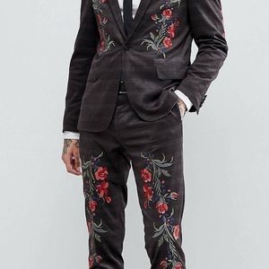 ASOS Skinny Velvet Check Suit w Floral Embroidery